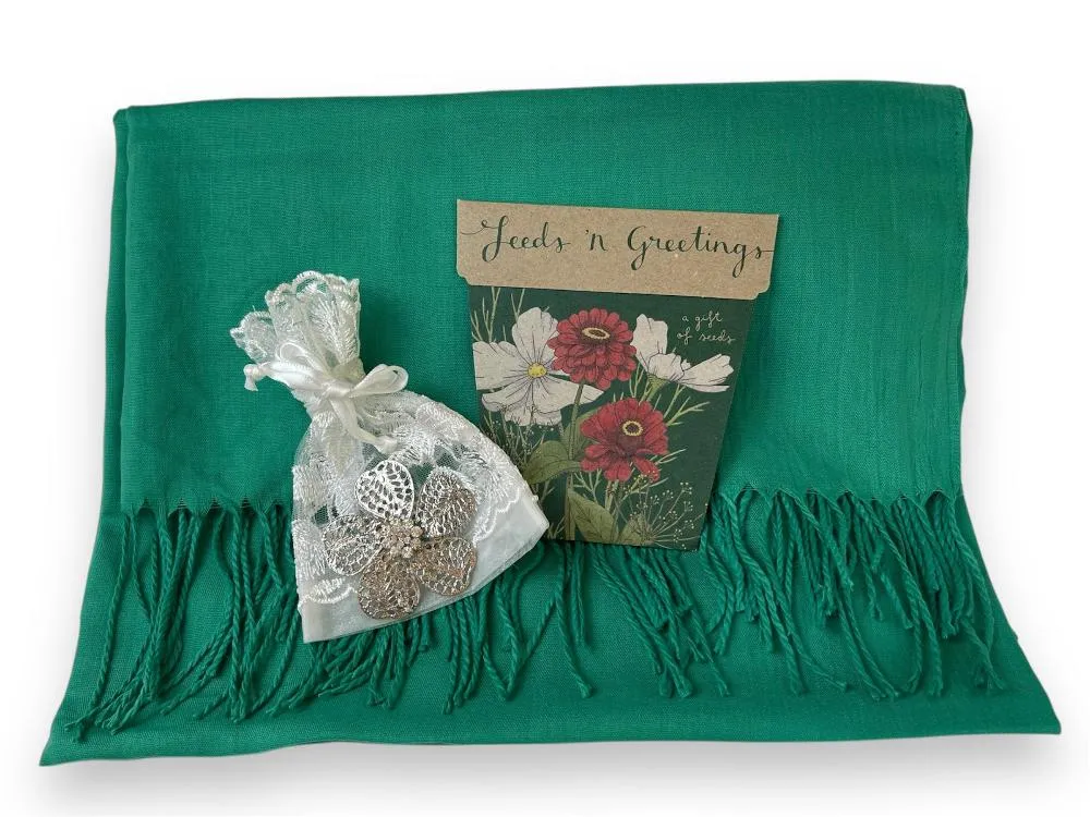 🎄 Scarf Gift Pack - Emerald Shawl - Flower Brooch   Card