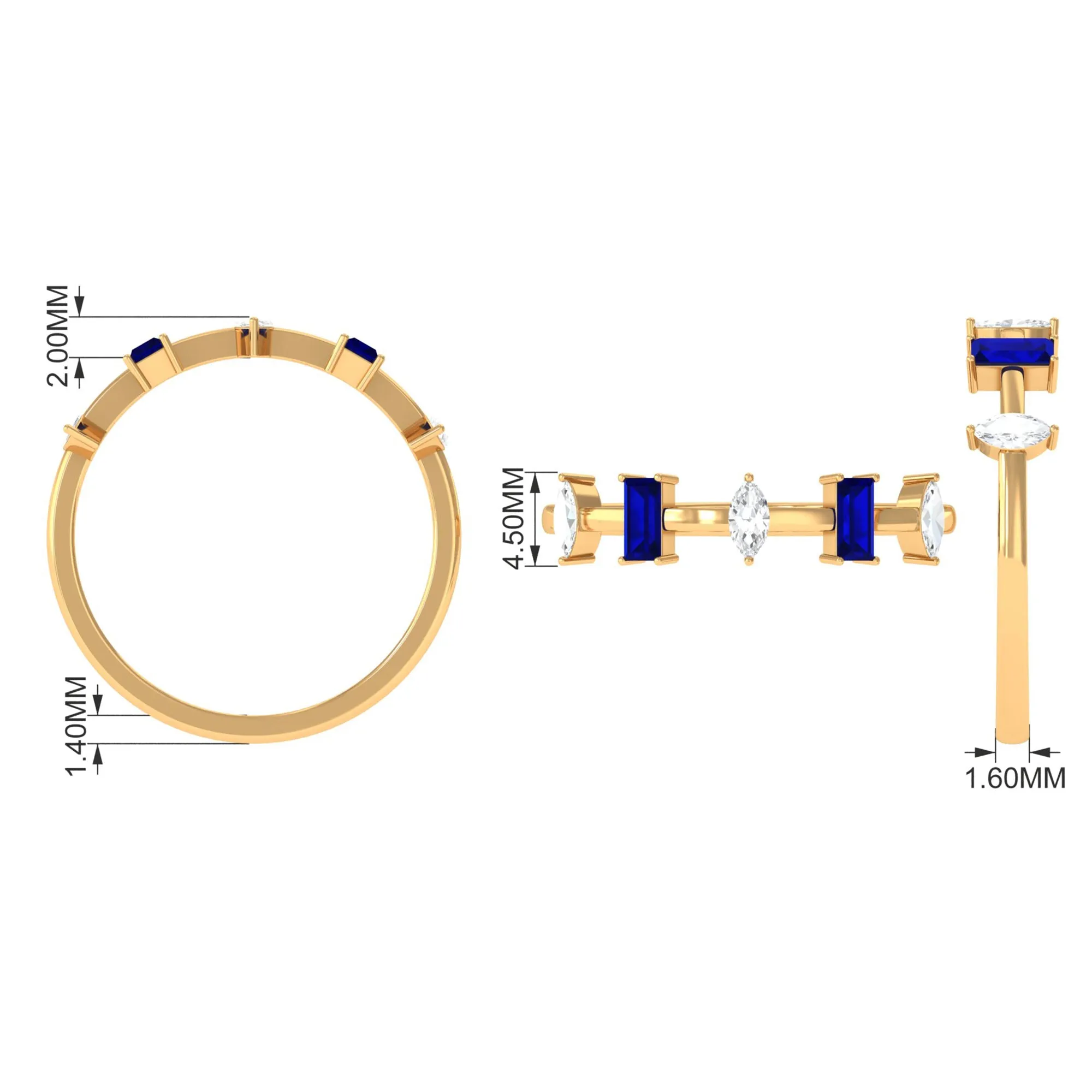 0.50 CT Baguette Blue Sapphire and Marquise Diamond Minimal Half Eternity Ring