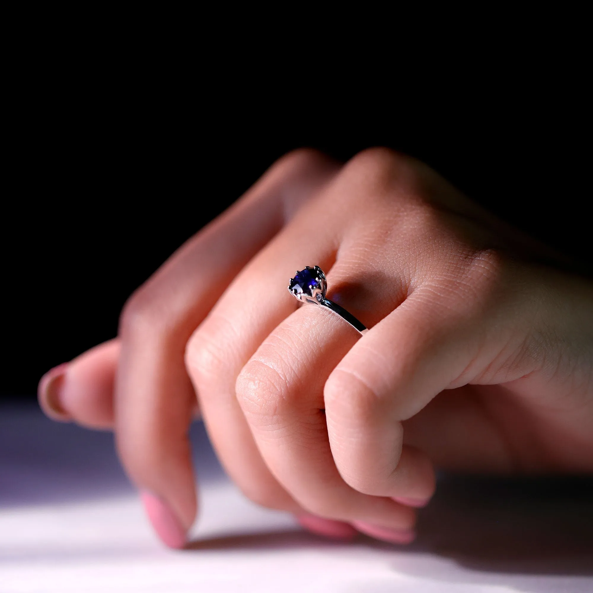 1 CT Lotus Basket Set Created Blue Sapphire Solitaire Ring