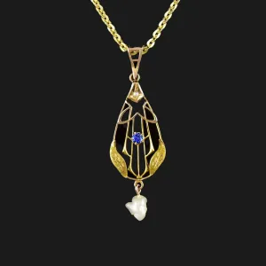 10K Gold Art Nouveau Pearl Sapphire Lavaliere Necklace