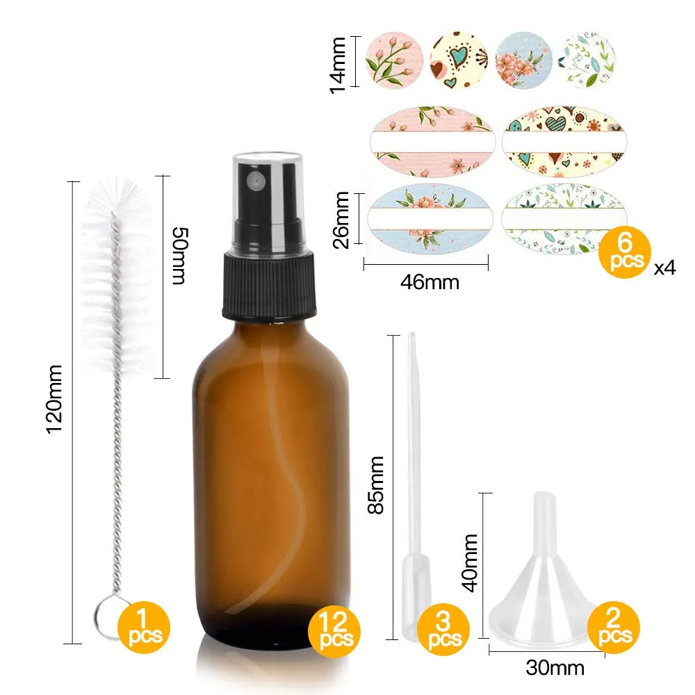 12 Pack 2oz 60 ml Amber Glass Spray Bottles with Fine Mist Sprayer & Dust Cap for Essential Oils, Perfumes,Cleaning Products.Included 1 Brush,2 Extra Sprayers,2 Funnels,3 Droppers & 24 Labels.