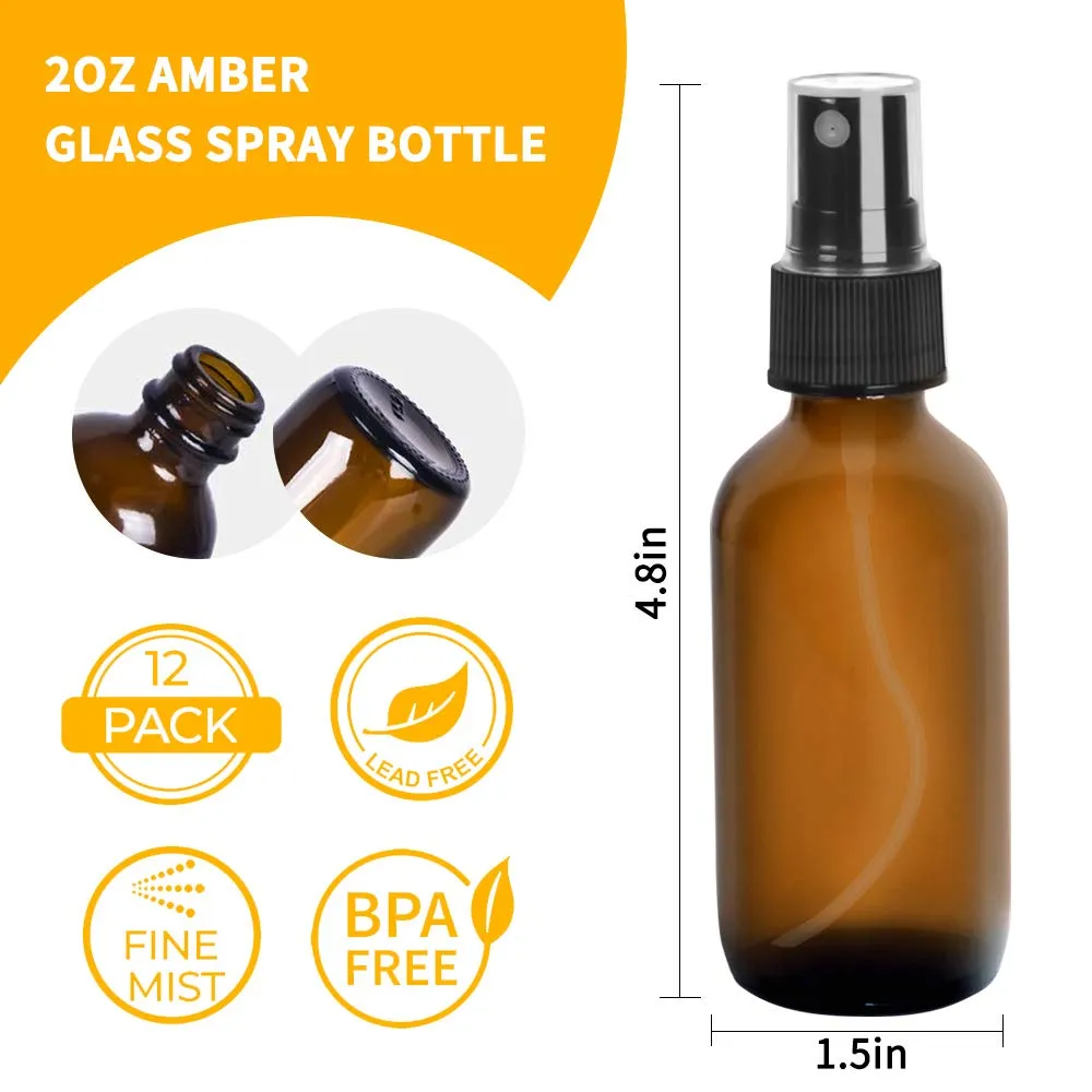 12 Pack 2oz 60 ml Amber Glass Spray Bottles with Fine Mist Sprayer & Dust Cap for Essential Oils, Perfumes,Cleaning Products.Included 1 Brush,2 Extra Sprayers,2 Funnels,3 Droppers & 24 Labels.