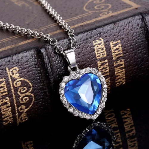 14K Gold Plating Over Titanic Heart Shape Blue Sapphire and Halo Pendant Necklace