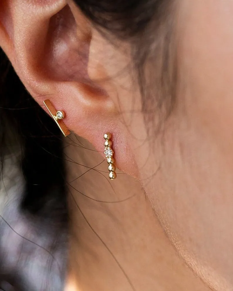 14k Round Bead Studs with diamond accent