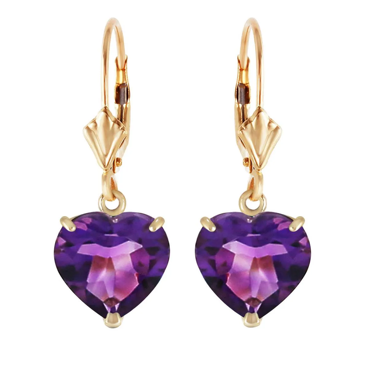 14K Solid Yellow Gold Leverback Earrings Natural 10mm Heart Amethysts