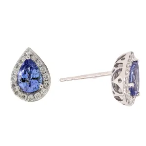 14K White Gold Pear Shape Tanzanite Diamond Halo Stud Earrings