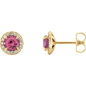 14K Yellow 5 mm Natural Pink Tourmaline & 1/8 CTW Natural Diamond Earrings