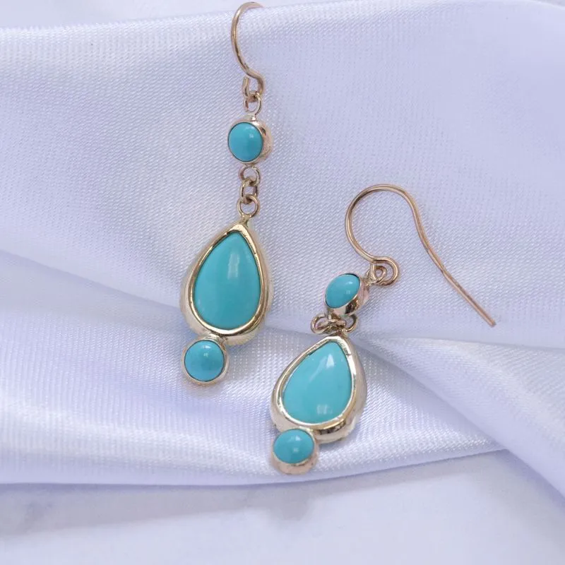 14K Yellow Gold Teardrop Turquoise 7X10mm Dangle Earrings