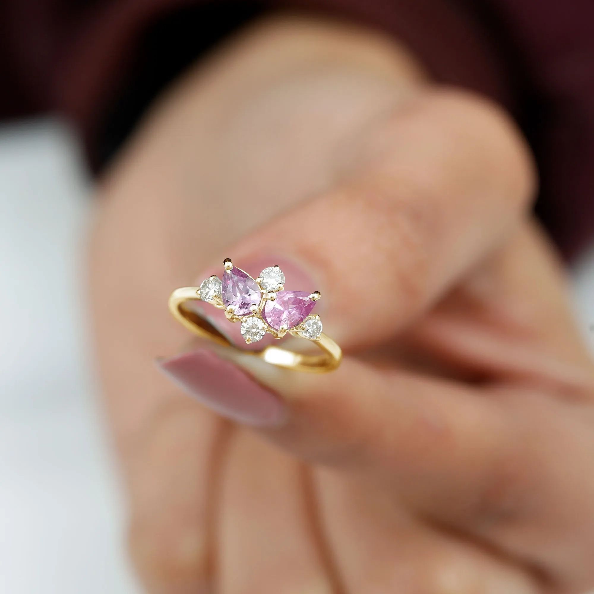 1.5 CT Lab Created Pink Sapphire and Diamond Cluster Ring in Prong Setting