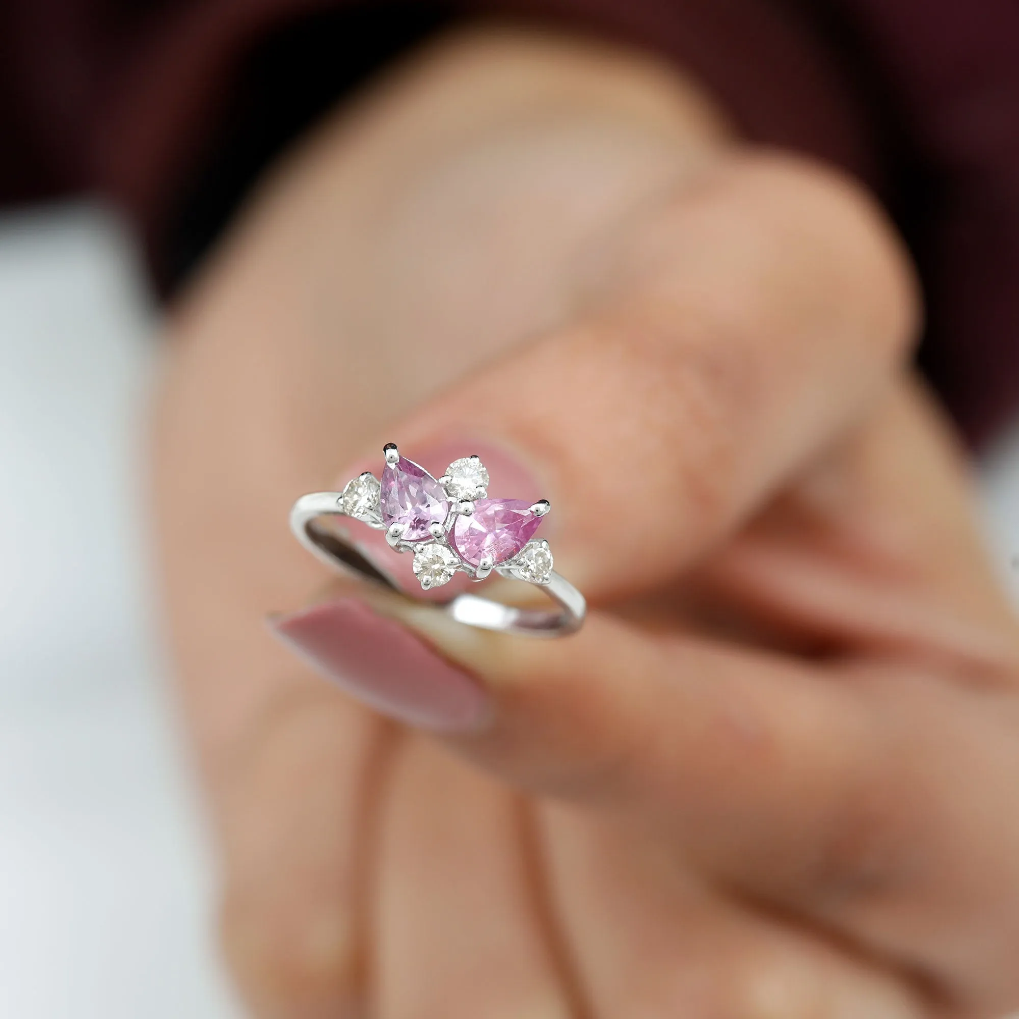 1.5 CT Lab Created Pink Sapphire and Diamond Cluster Ring in Prong Setting