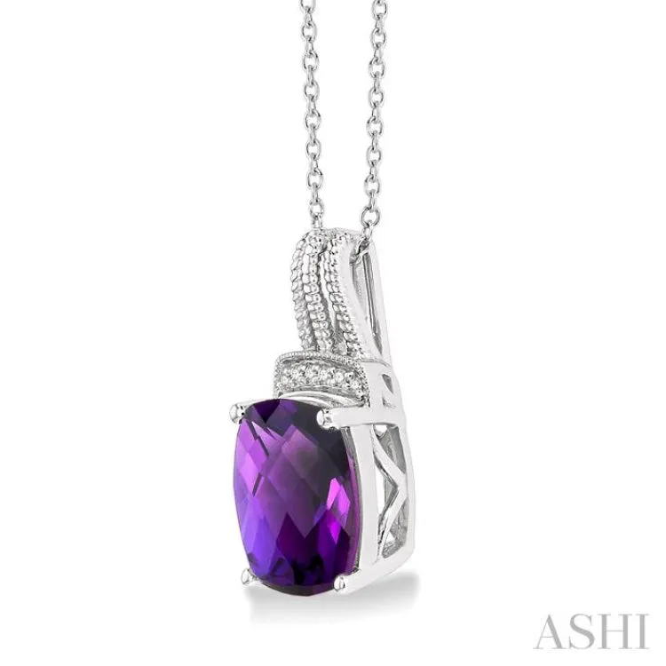 1/50 Ctw Looped Round Cut Diamond & 10x8 MM Cushion Shape Amethyst Semi Precious Pendant With Chain in Sterling Silver