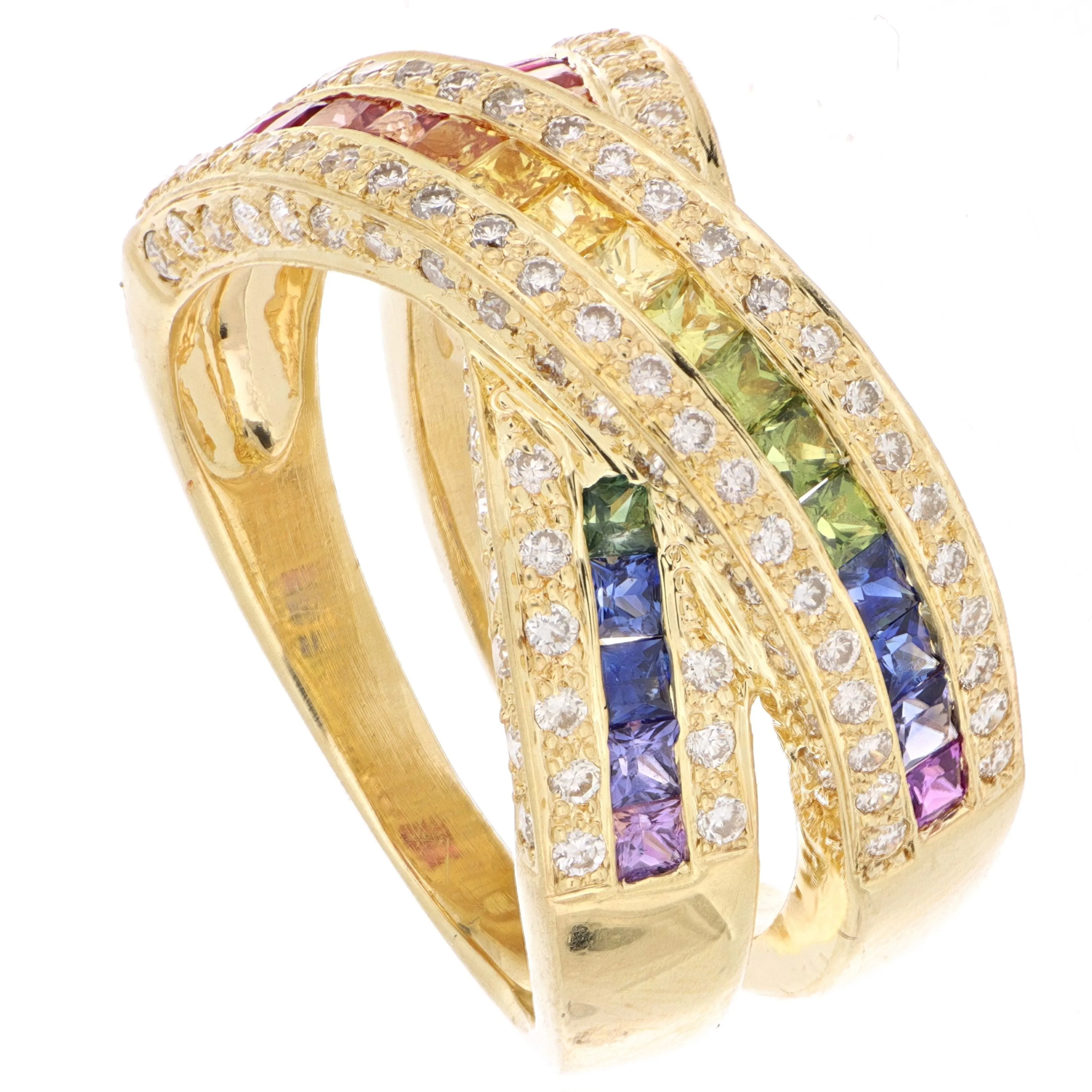 18k Rainbow Sapphire and Diamond Crossover Ring