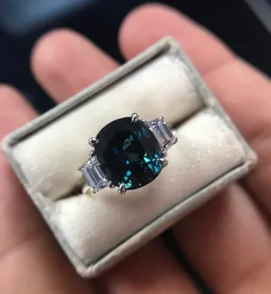 4.41ct Teal Crown Jubilee® Cut Cushion Sapphire and Diamond Three Stone Ring