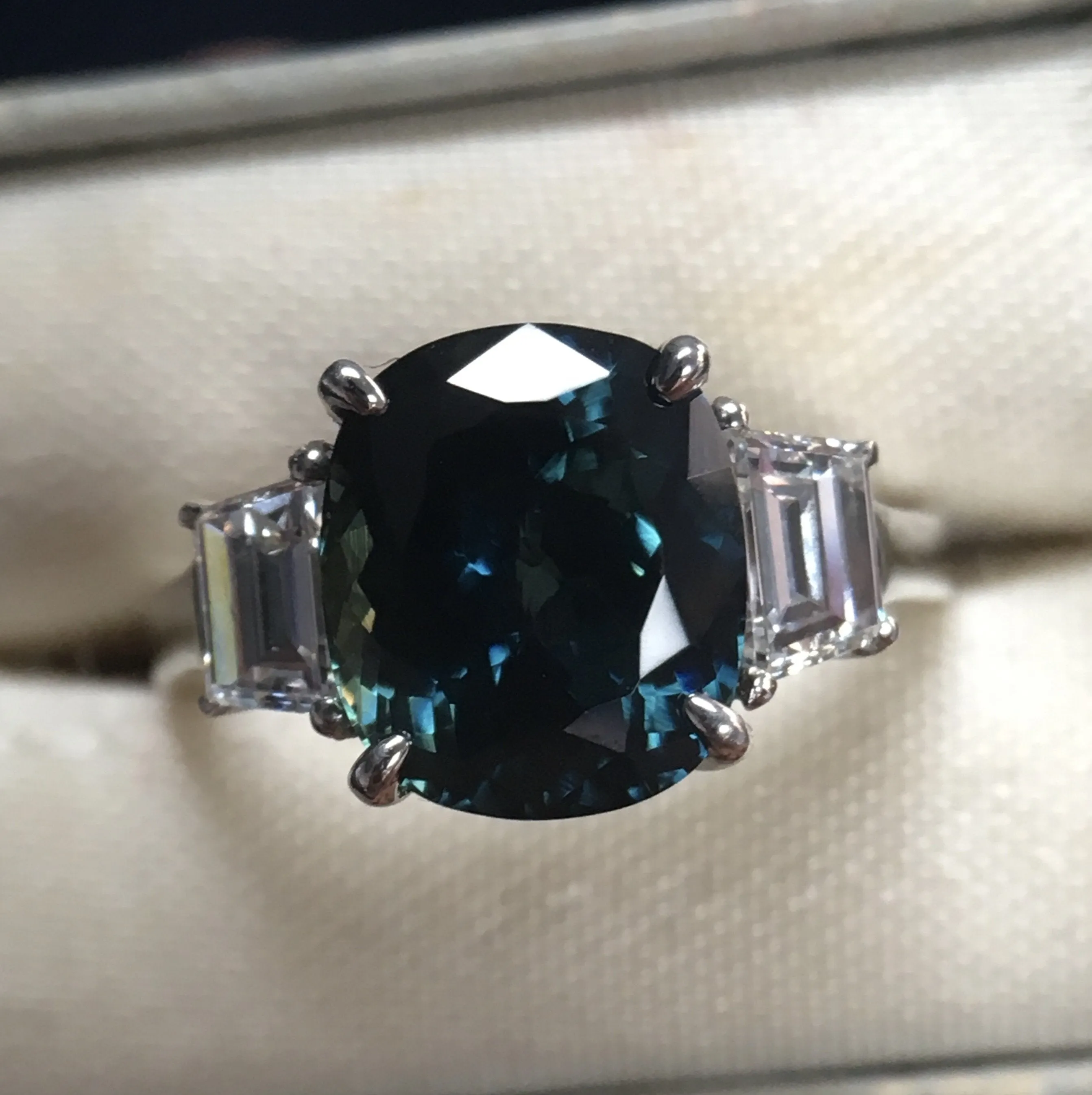 4.41ct Teal Crown Jubilee® Cut Cushion Sapphire and Diamond Three Stone Ring