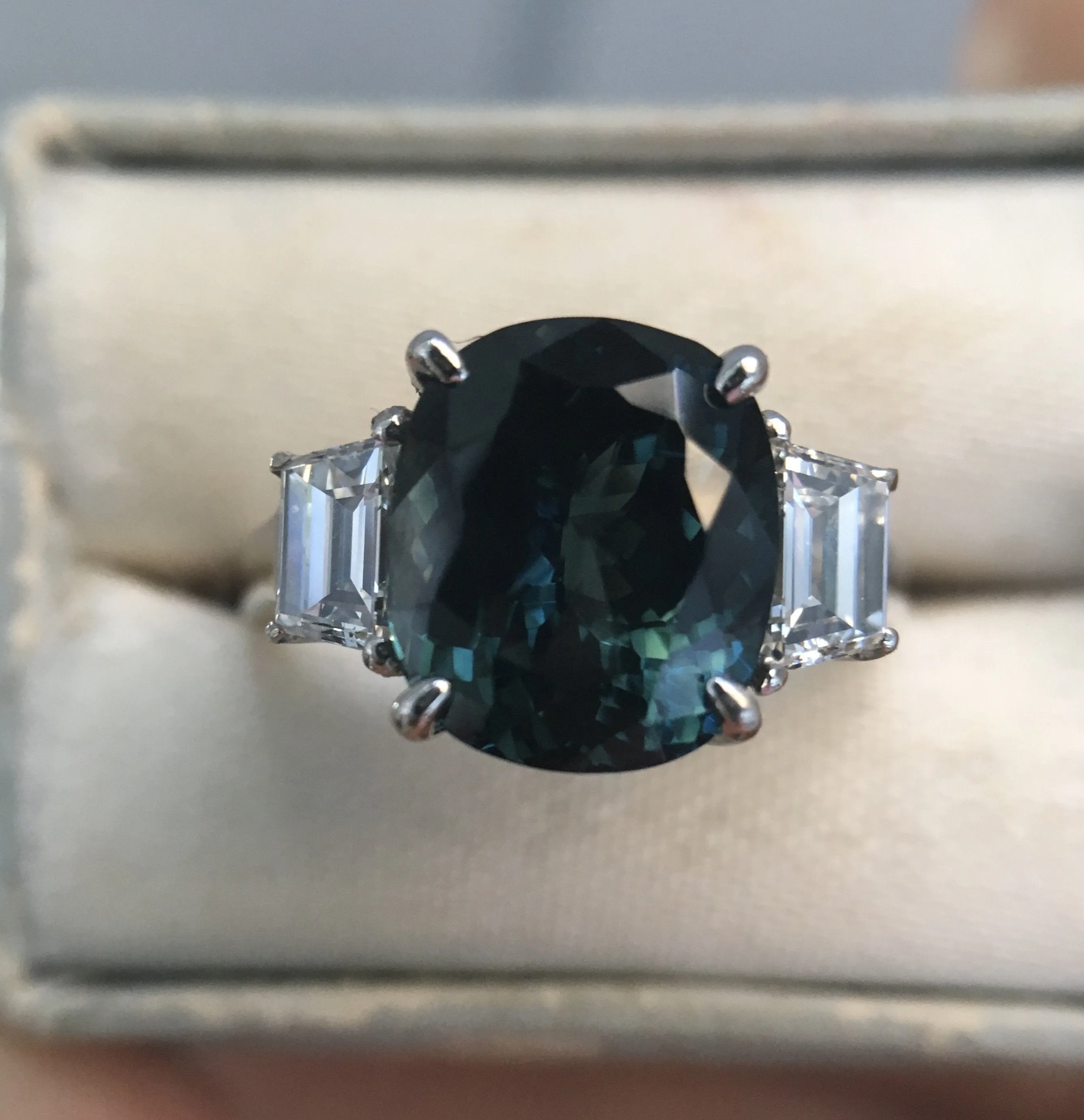 4.41ct Teal Crown Jubilee® Cut Cushion Sapphire and Diamond Three Stone Ring