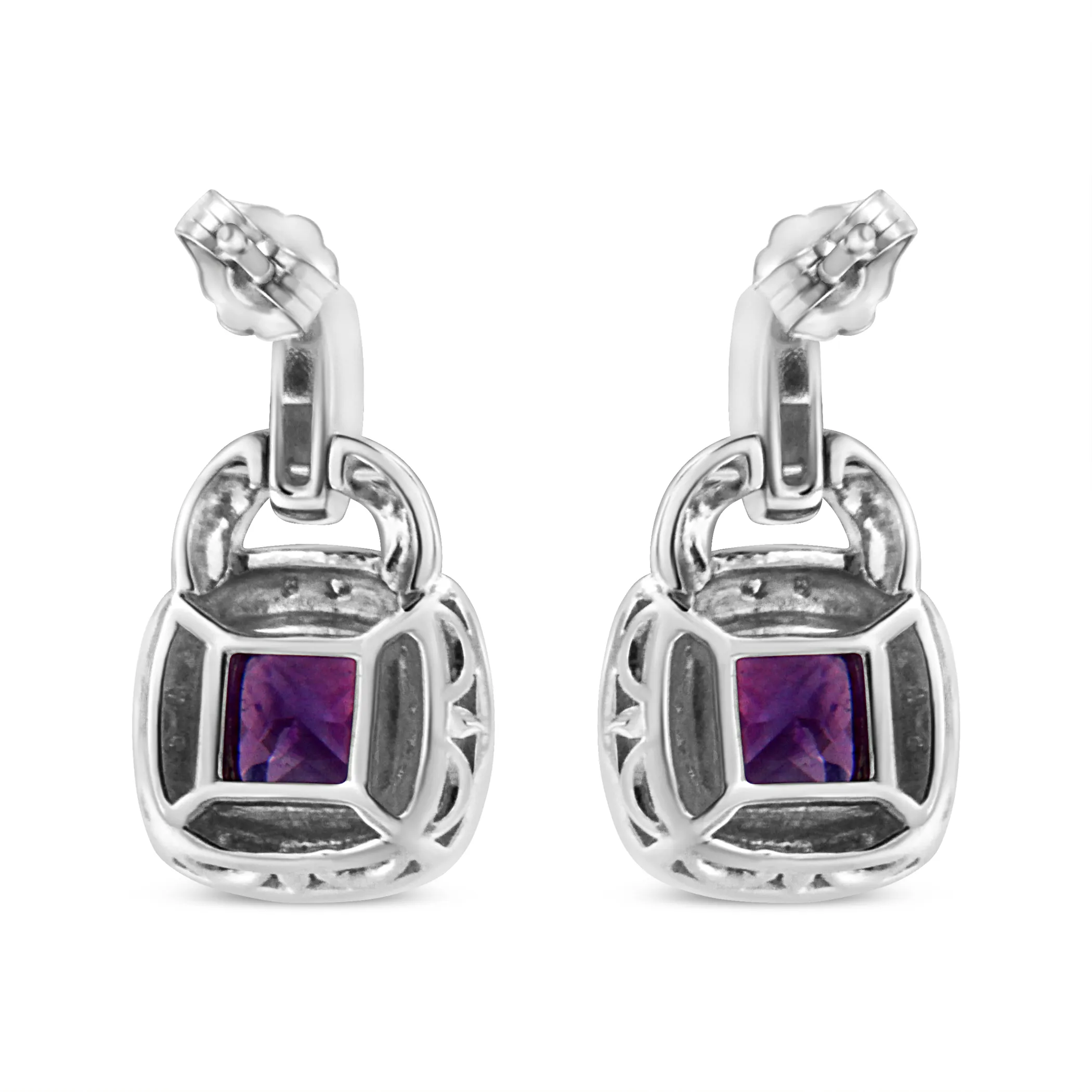 .925 Sterling Silver 8MM Natural Cushion Shaped Amethyst and Diamond Accent Halo with Push Back Dangle Earrings (I-J Color, I2-I3 Clarity)