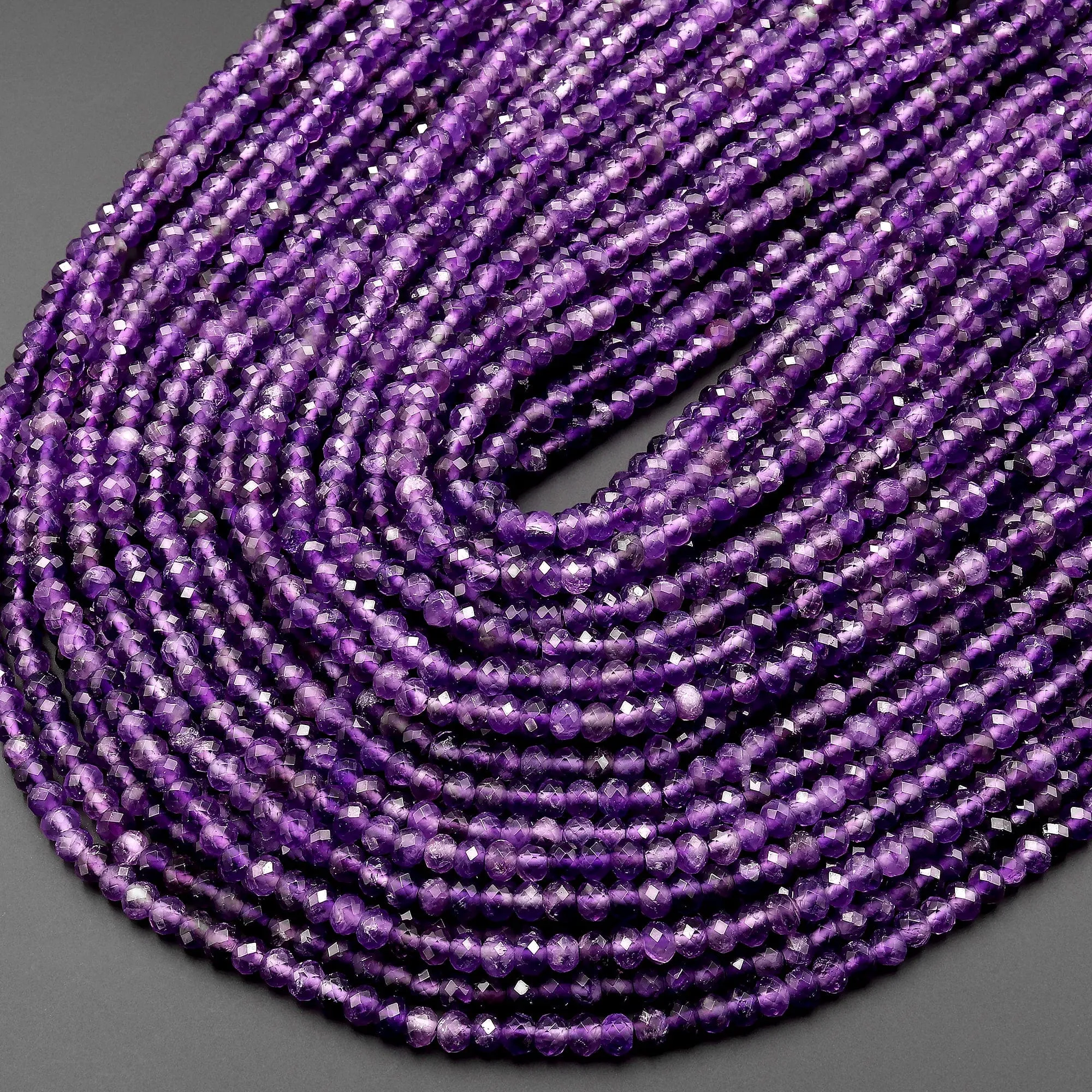 AAA Faceted Natural Purple Amethyst 3mm 4mm Rondelle Beads 15.5" Strand