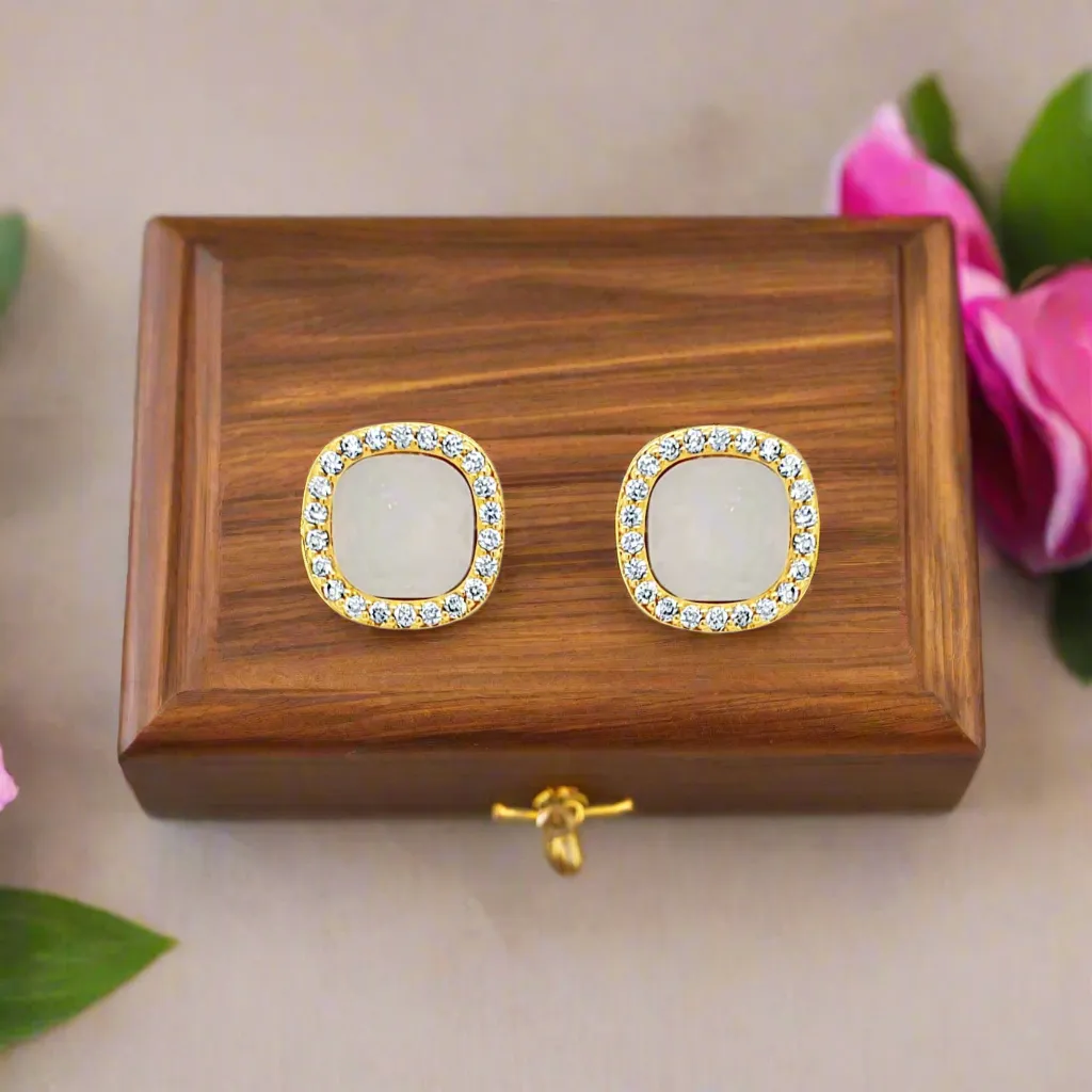 Absolute Jewellery Square White Opal Gold Stud Earrings