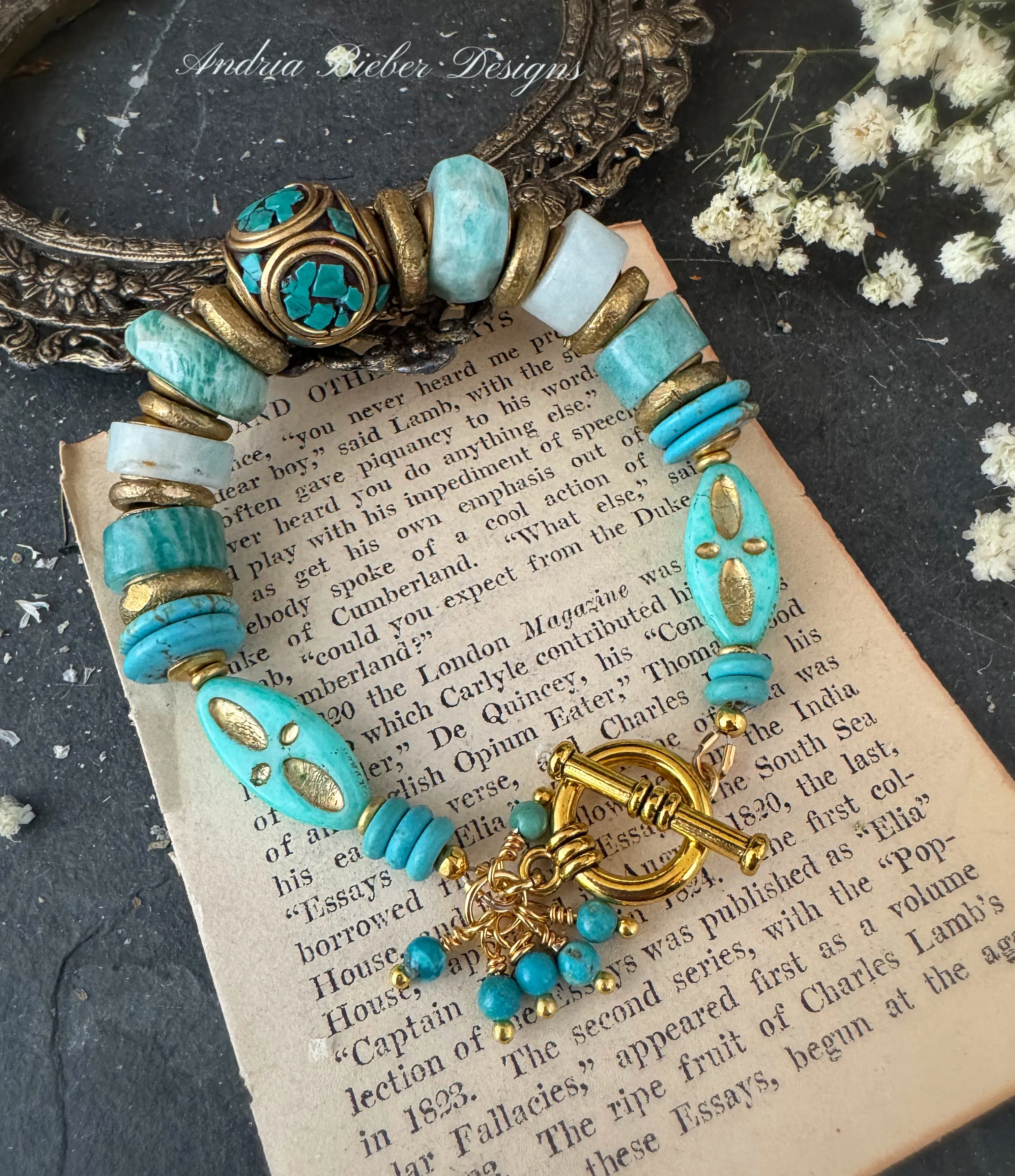 Amazonite stone, turquoise, african brass, bracelet. KIT