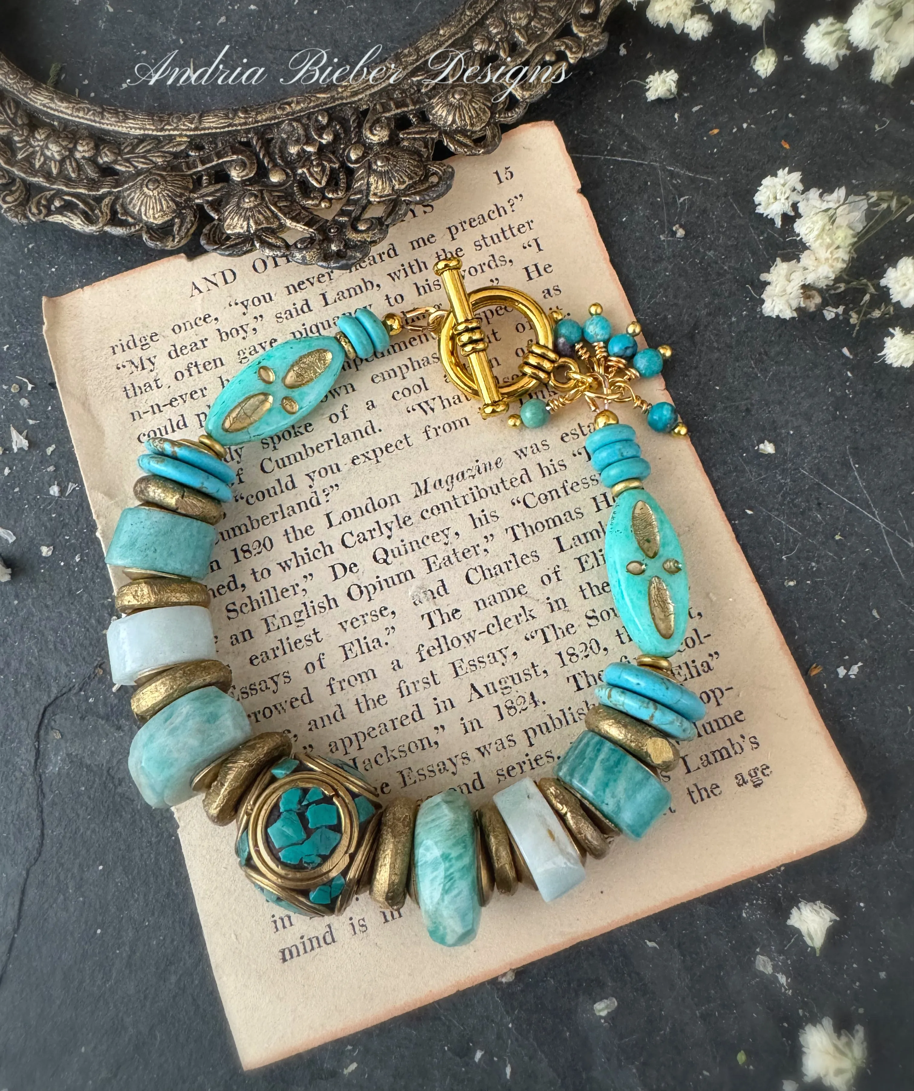 Amazonite stone, turquoise, african brass, bracelet. KIT