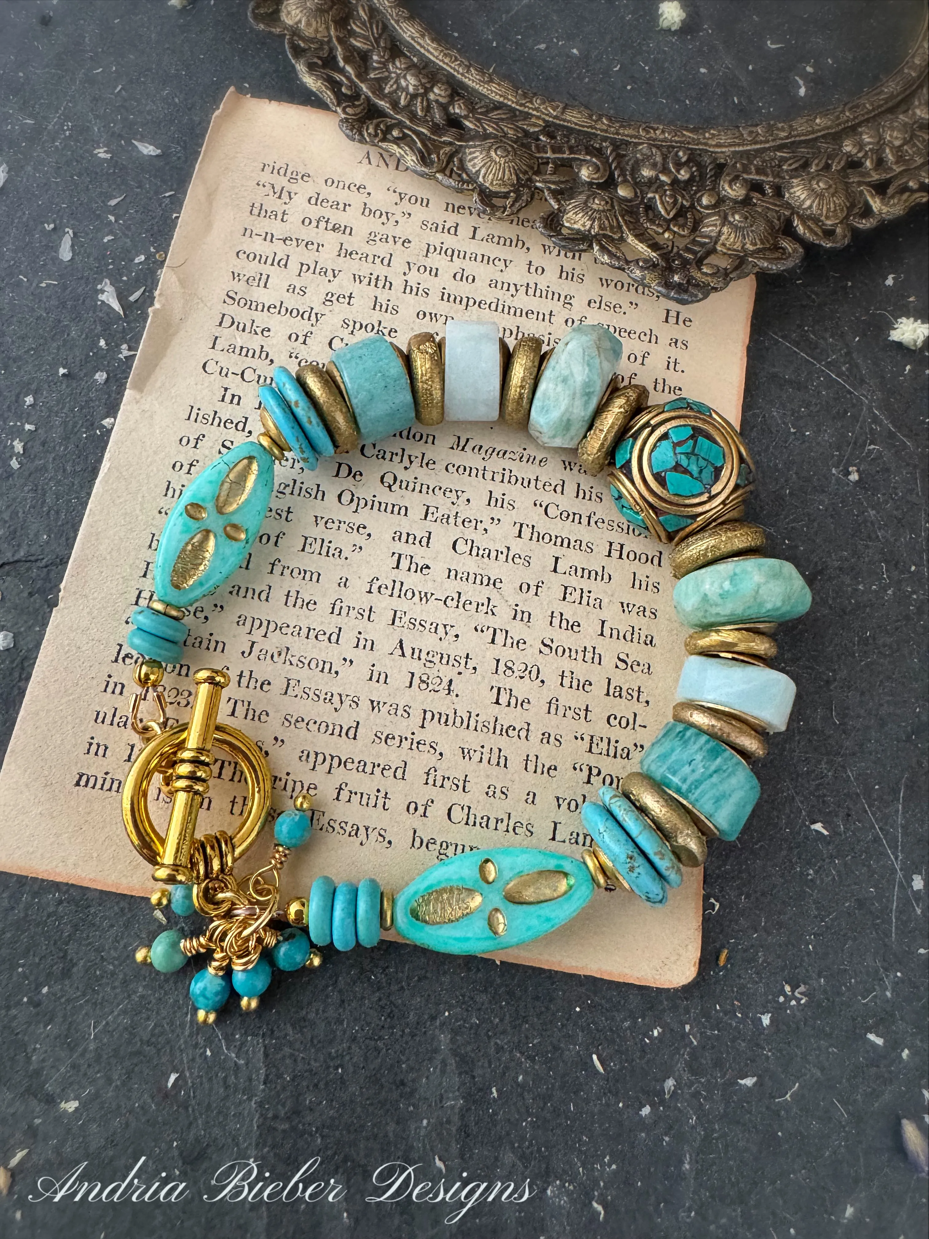 Amazonite stone, turquoise, african brass, bracelet. KIT