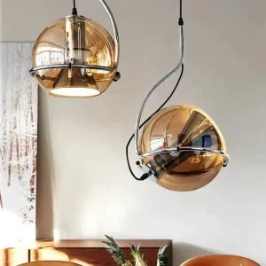 Amber Glass Pendant Light Ball Industrial Hanging Lamp E27 Plating Adjustable Chandelier for Kitchen Island Bedroom Hallway