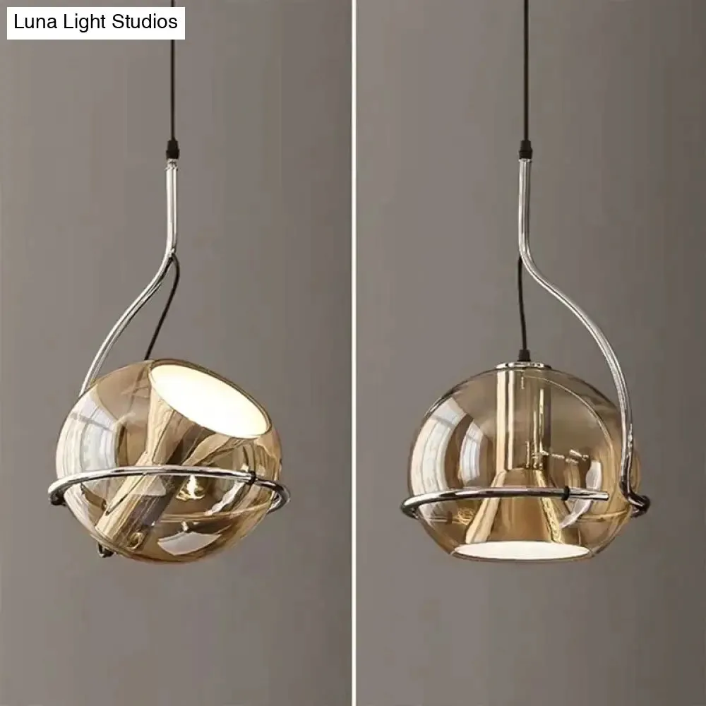 Amber Glass Pendant Light Ball Industrial Hanging Lamp E27 Plating Adjustable Chandelier for Kitchen Island Bedroom Hallway