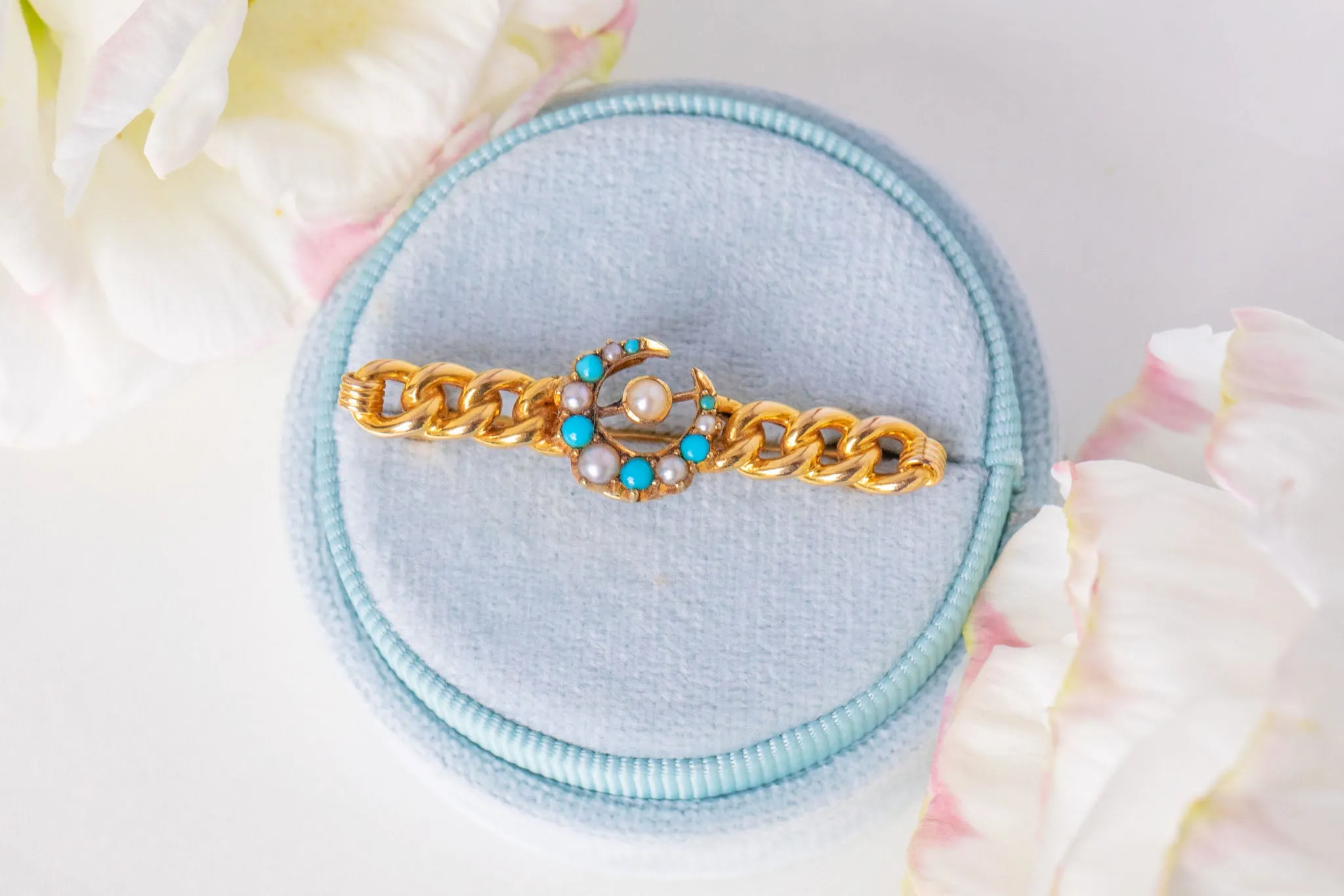 Antique 15ct Gold Turquoise Pearl Crescent Moon Bar Brooch