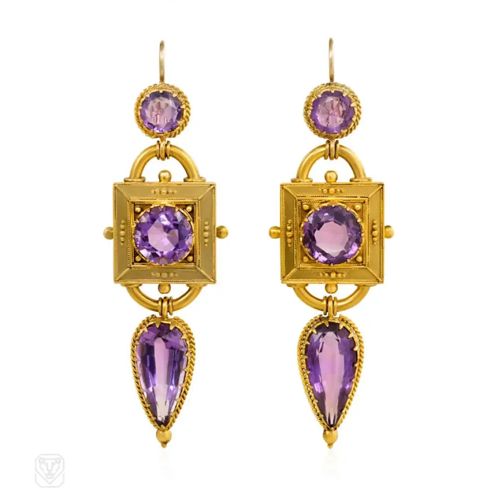 Antique Etruscan revival gold and amethyst earrings