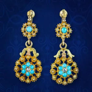 Antique Georgian Turquoise Diamond Forget Me Not Drop Earrings