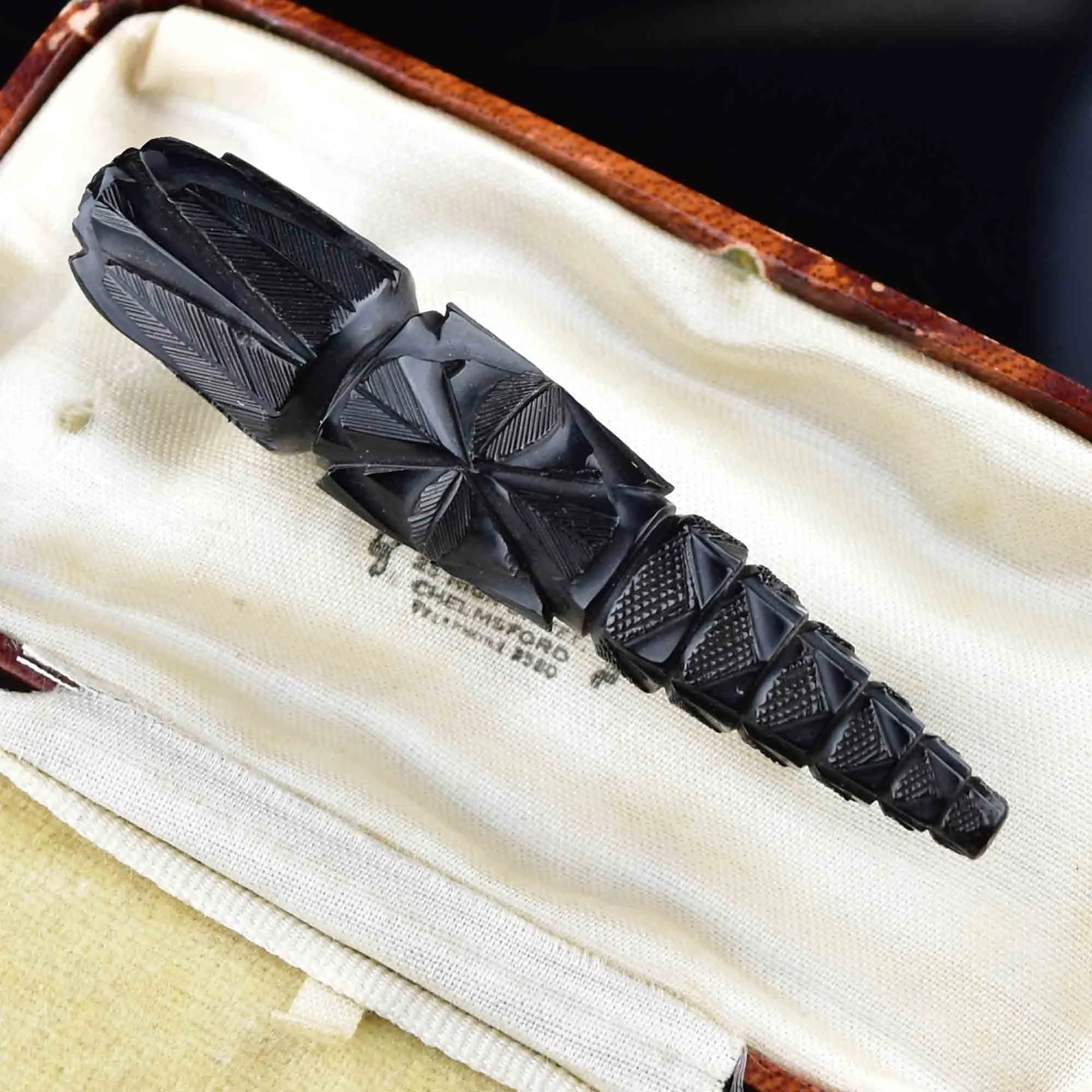 Antique Victorian Carved Long Whitby Jet Brooch