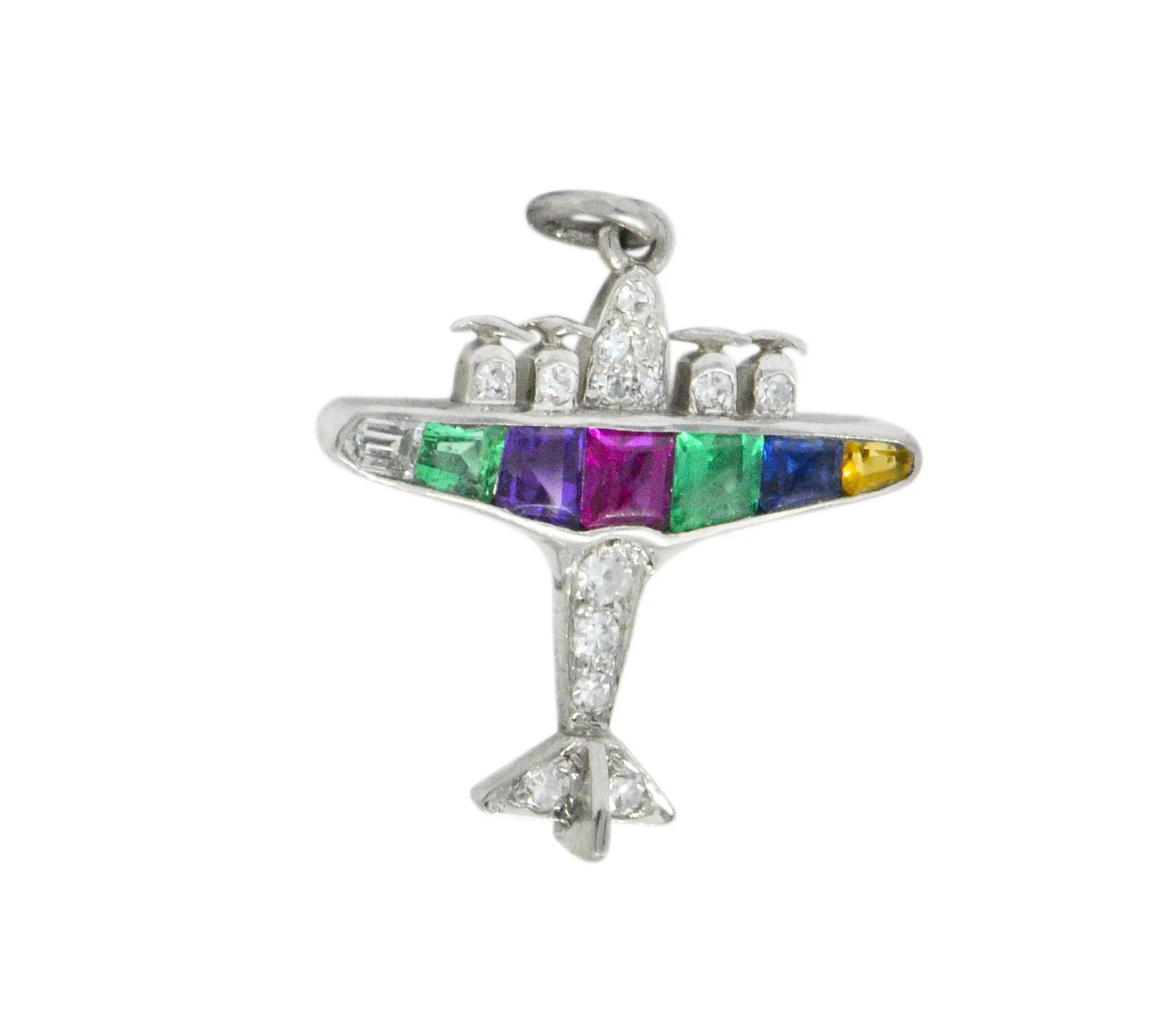 Art Deco 0.60 CTW Diamond Multi-Gemstone 'DEAREST' Platinum Airplane Pendant