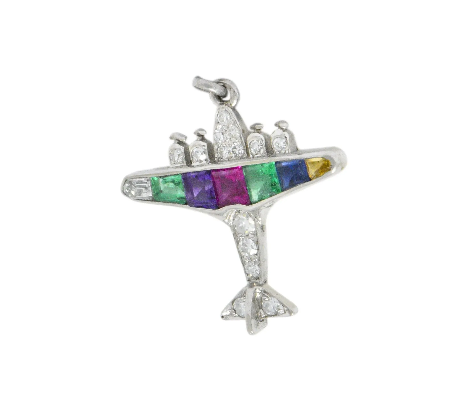 Art Deco 0.60 CTW Diamond Multi-Gemstone 'DEAREST' Platinum Airplane Pendant