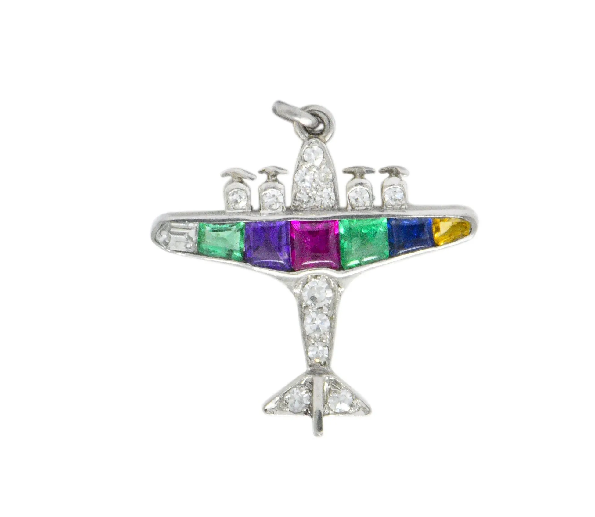 Art Deco 0.60 CTW Diamond Multi-Gemstone 'DEAREST' Platinum Airplane Pendant