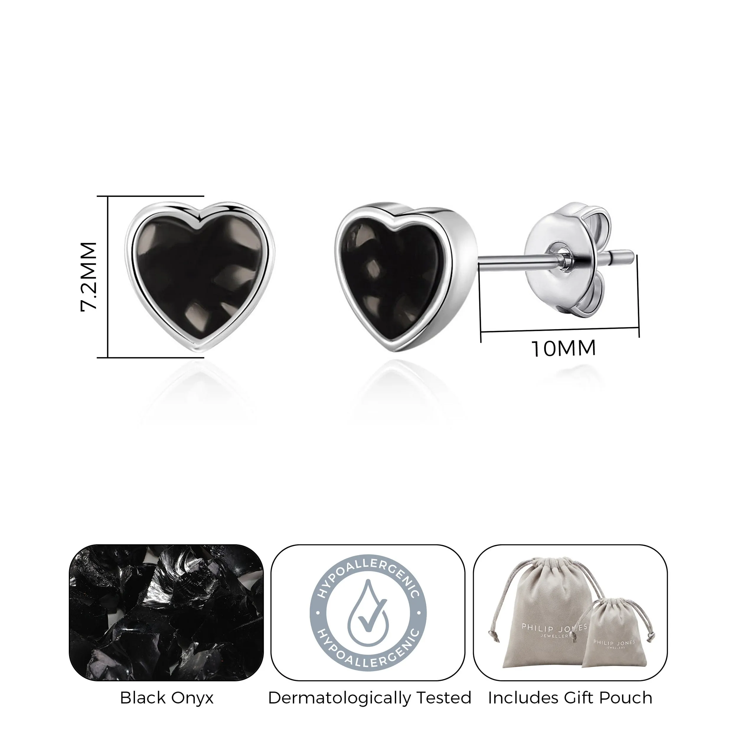 Black Onyx Heart Stud Earrings with Quote Card