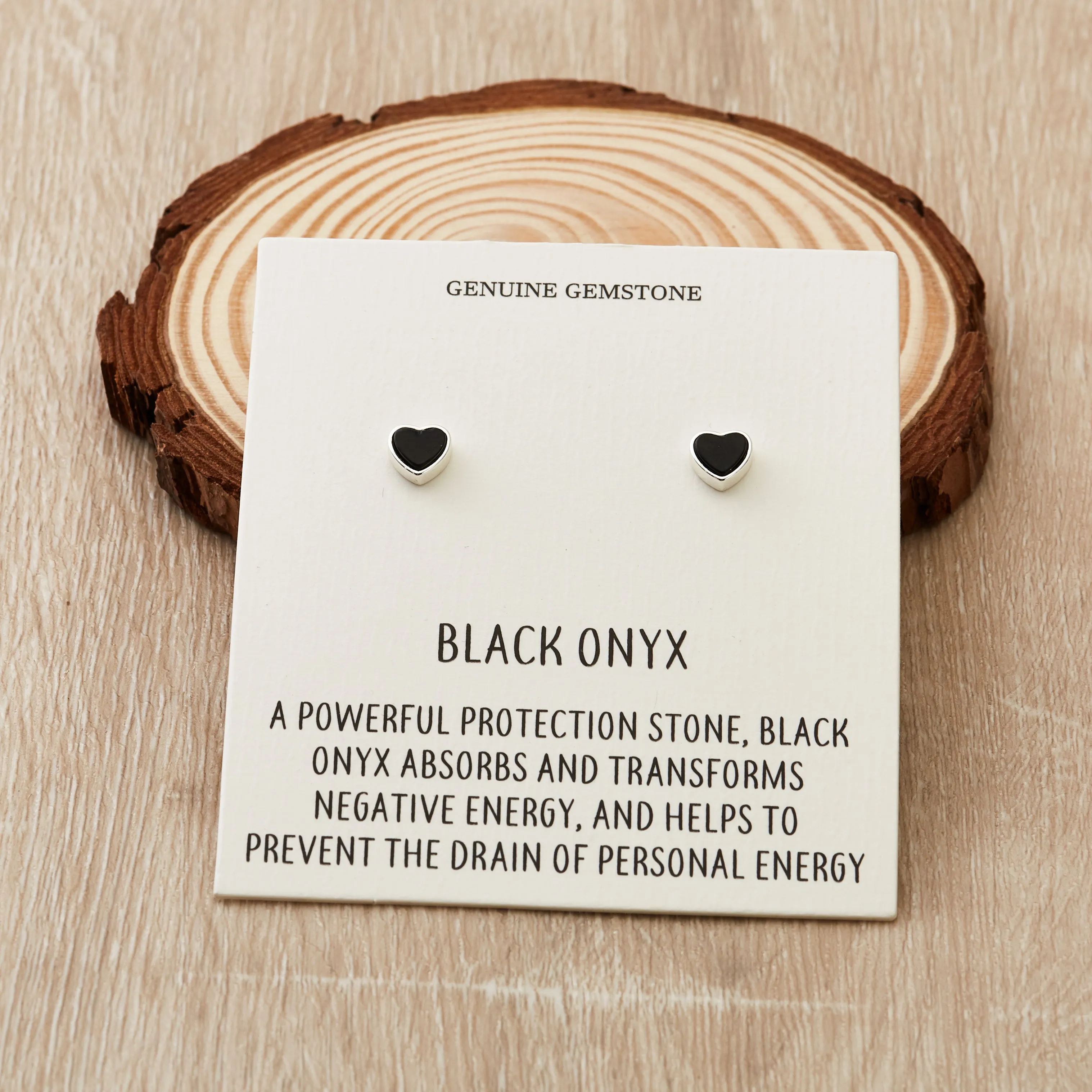 Black Onyx Heart Stud Earrings with Quote Card