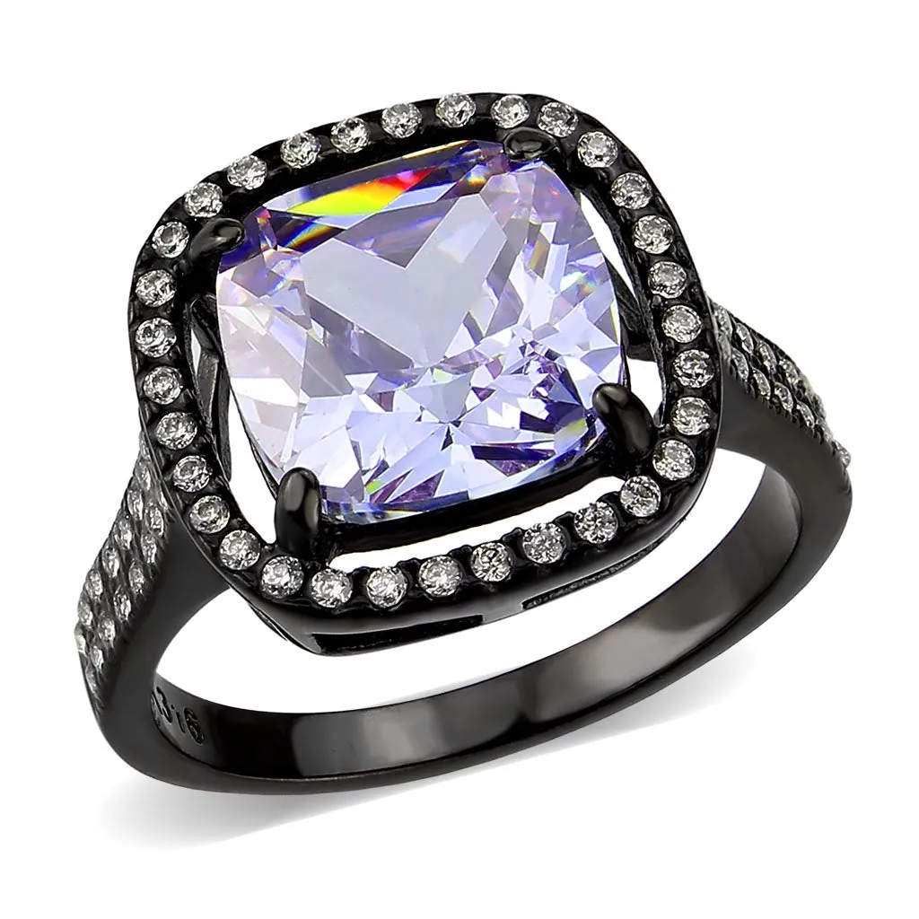 Black Stainless Steel Ring with AAA Grade CZ in Light Amethyst for Women Style TK3734