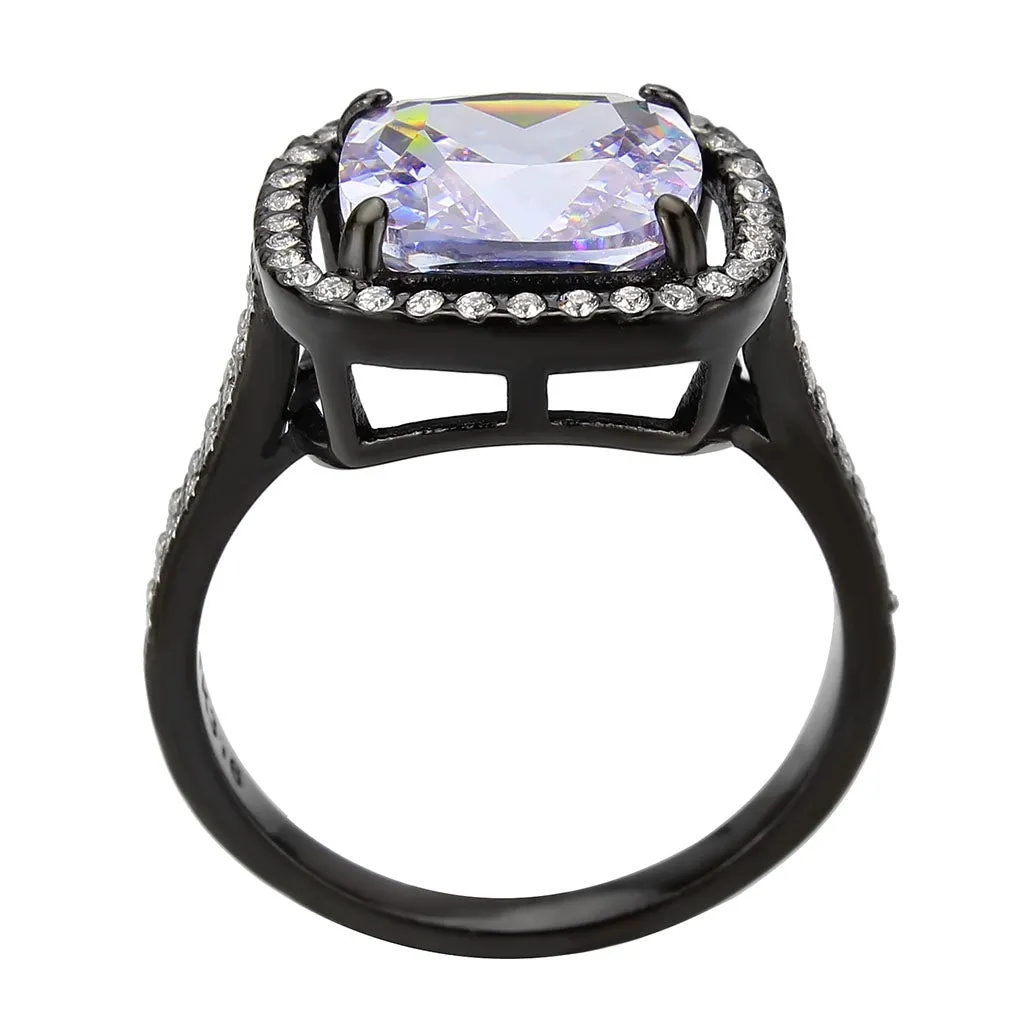 Black Stainless Steel Ring with AAA Grade CZ in Light Amethyst for Women Style TK3734