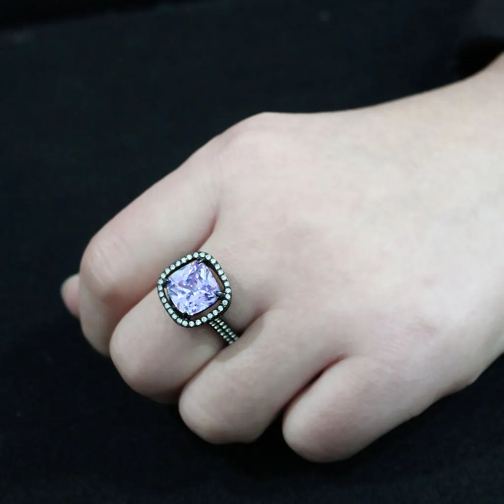 Black Stainless Steel Ring with AAA Grade CZ in Light Amethyst for Women Style TK3734