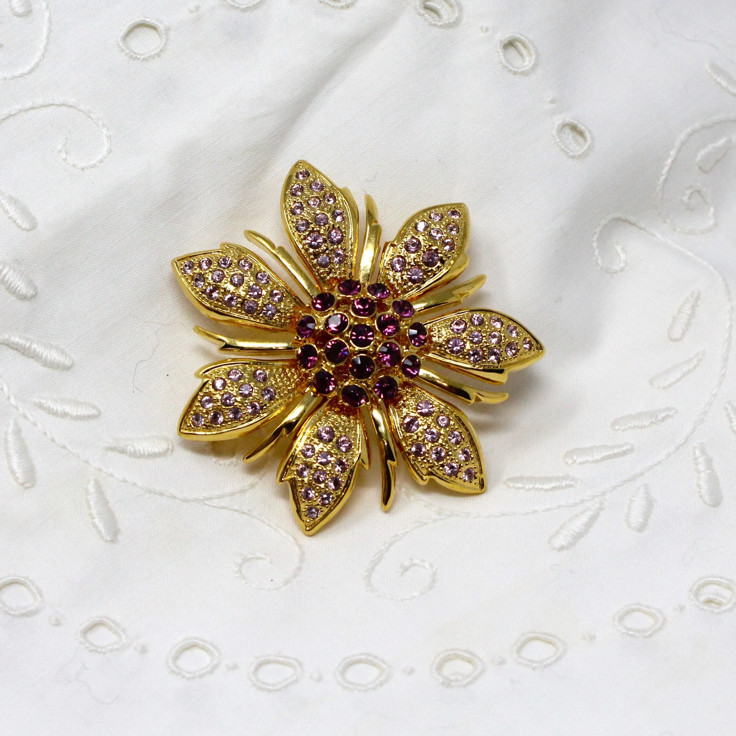 Brooch / Pin, Purple Rhinestones Flower, Large Purple Center & Lilac Petals, Gold-Tone