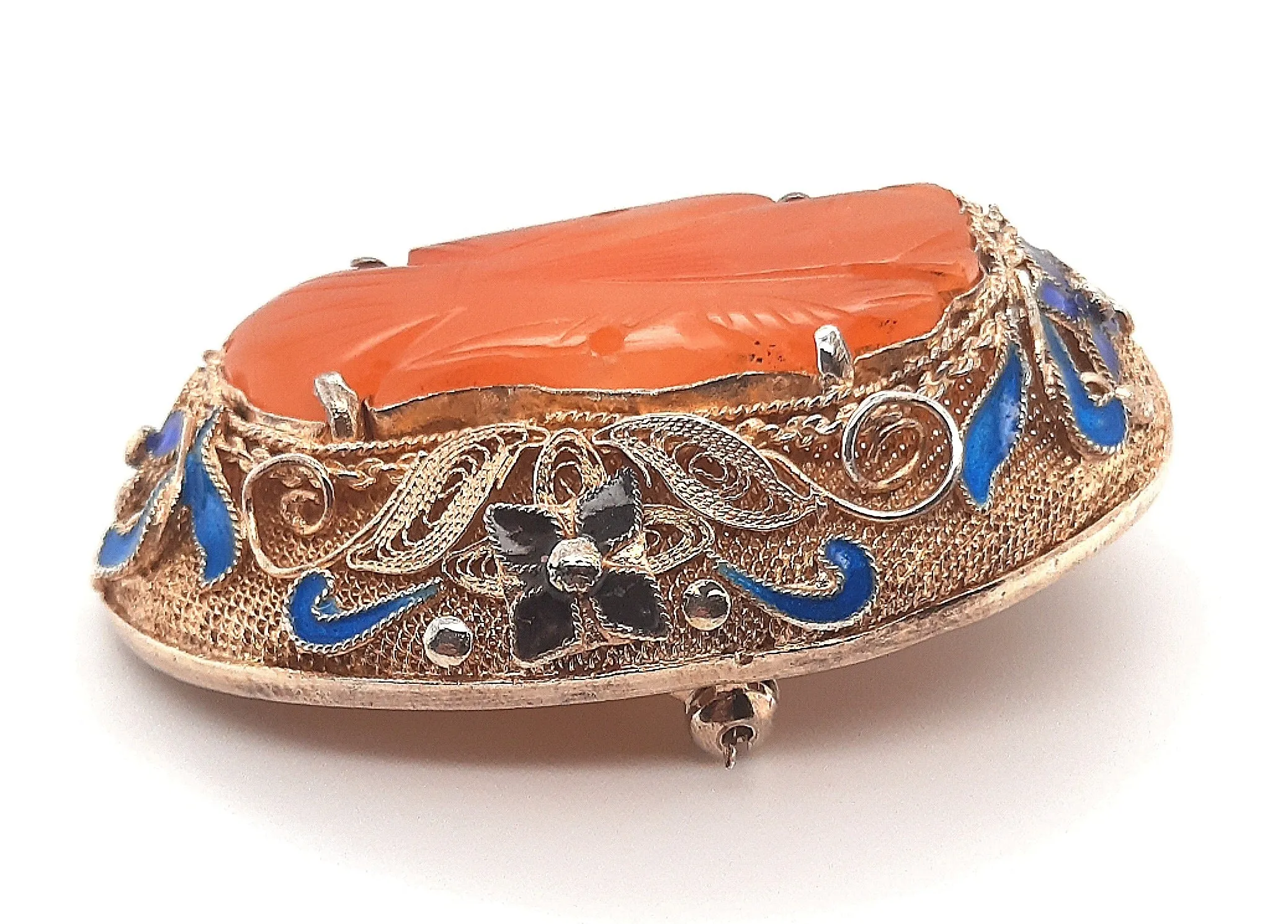 Carnelian & Enamel Gold Plated Silver Vintage Chinese Brooch