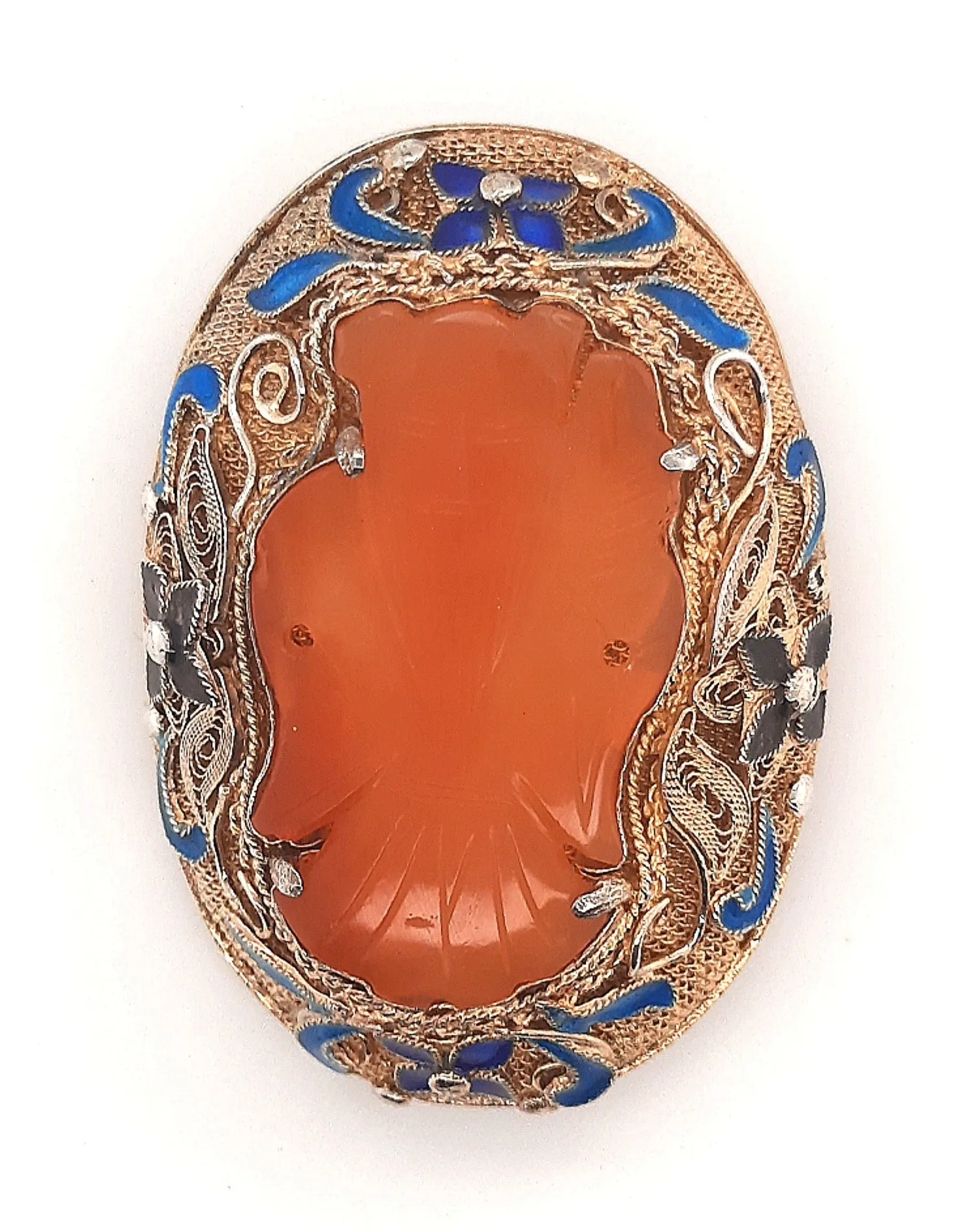 Carnelian & Enamel Gold Plated Silver Vintage Chinese Brooch