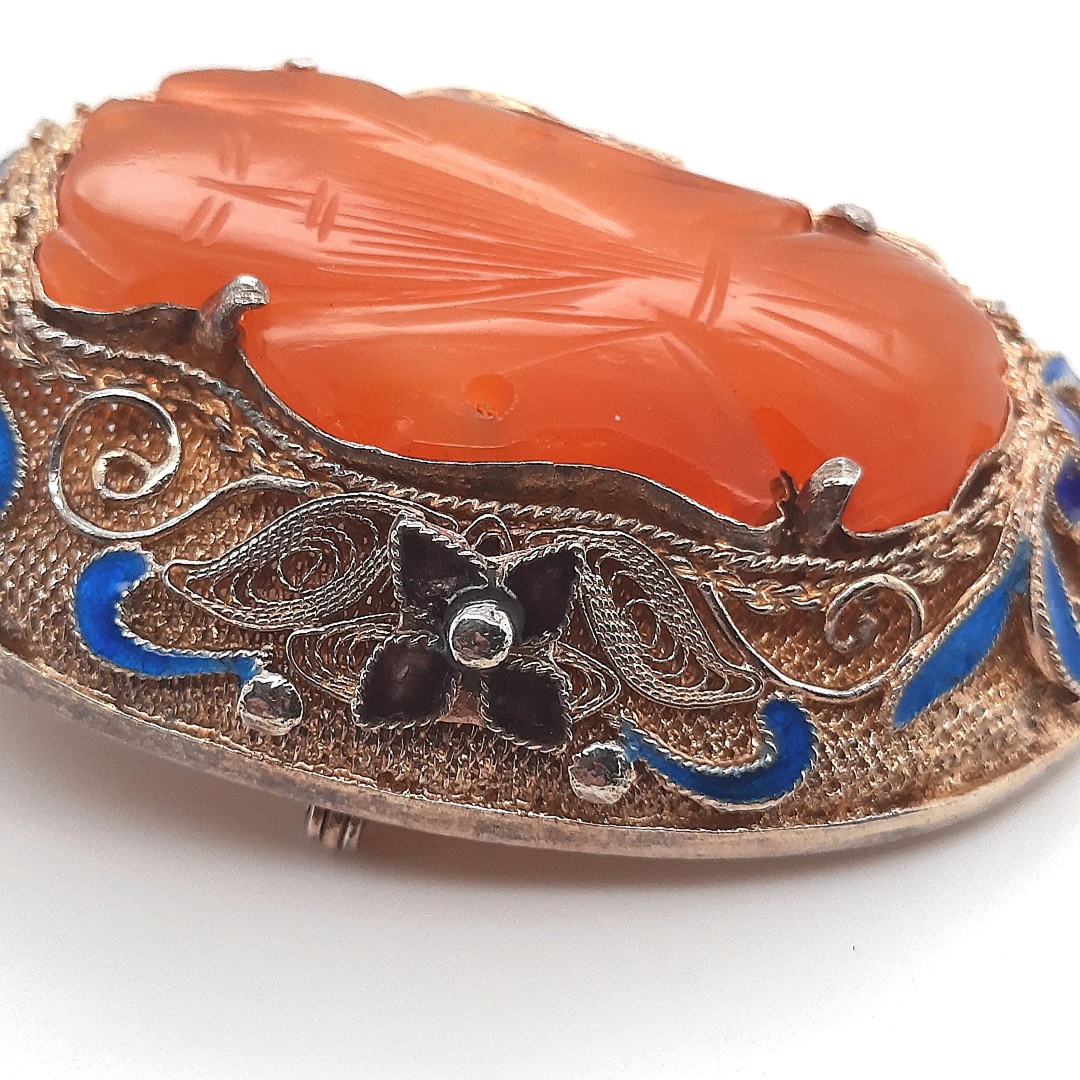 Carnelian & Enamel Gold Plated Silver Vintage Chinese Brooch