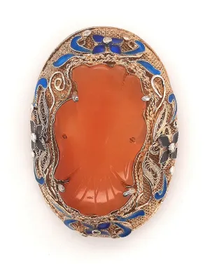 Carnelian & Enamel Gold Plated Silver Vintage Chinese Brooch