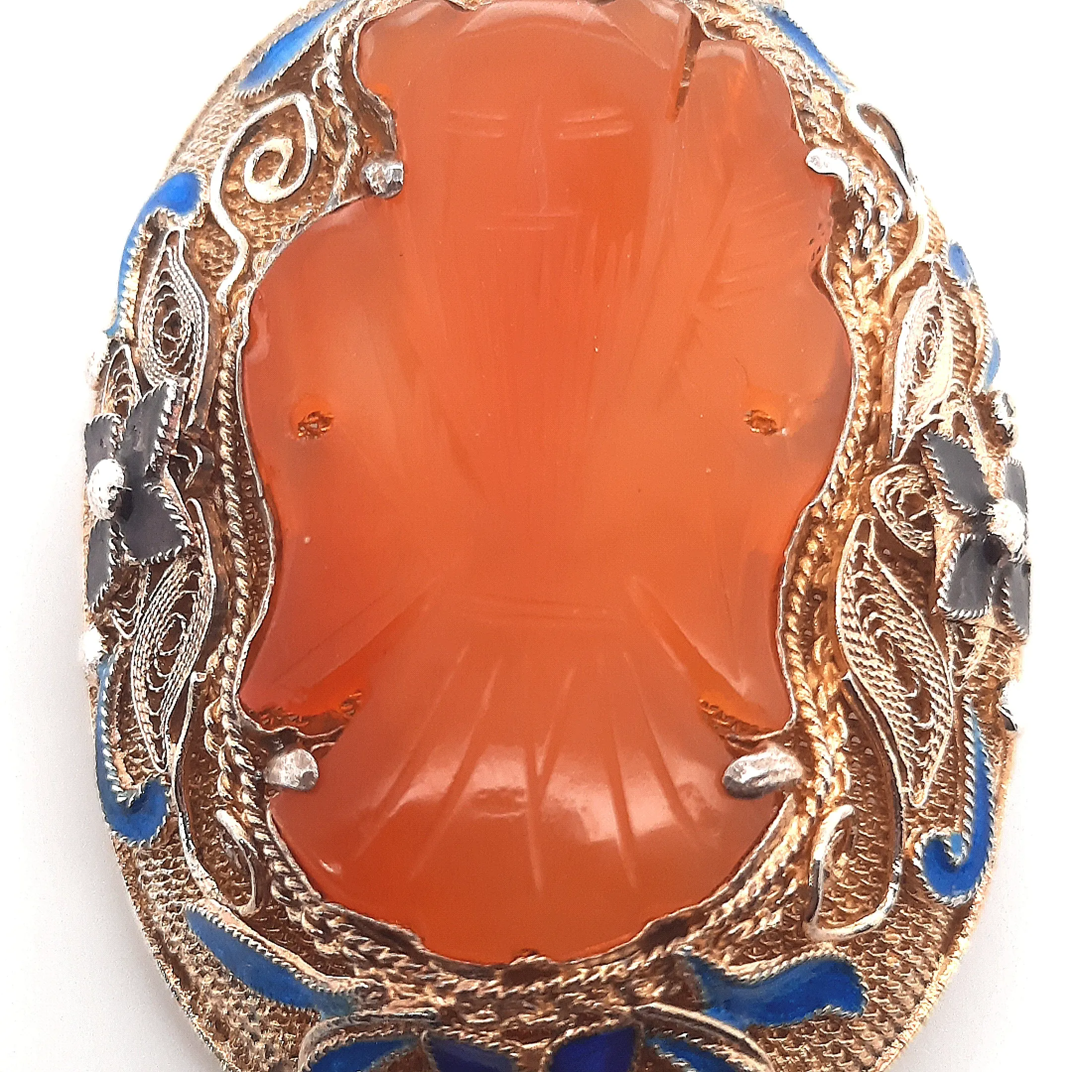 Carnelian & Enamel Gold Plated Silver Vintage Chinese Brooch