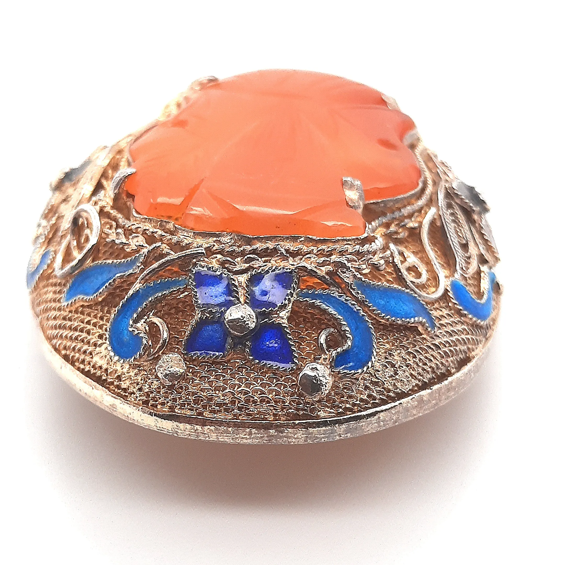 Carnelian & Enamel Gold Plated Silver Vintage Chinese Brooch