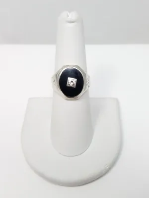 Casual 10k White Gold Art Deco 1930's Natural Onyx Diamond Ring Band