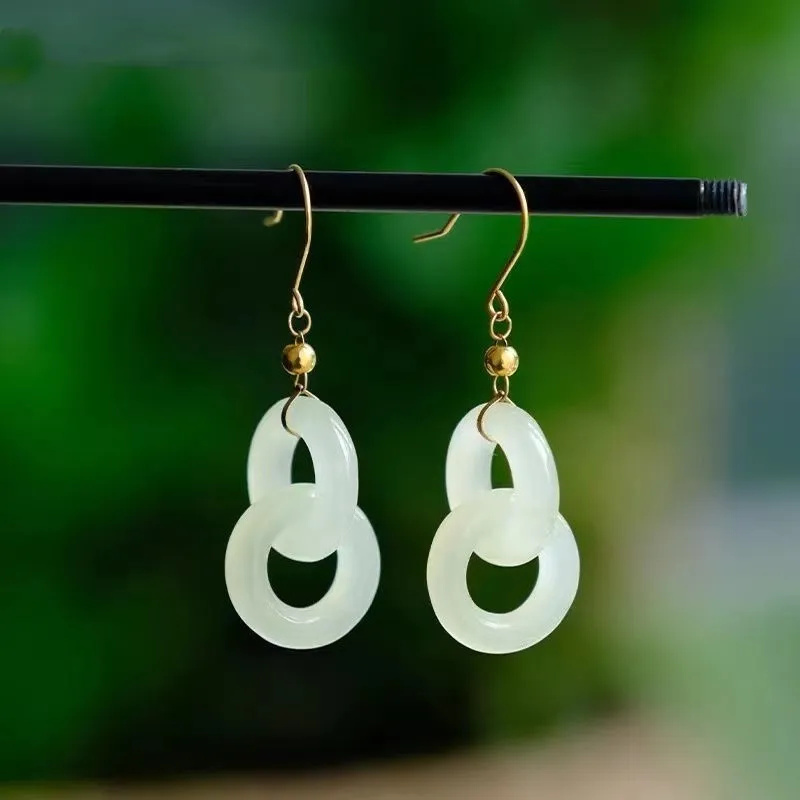 Classic Temperament Retro Natural Hetian Jade Earrings