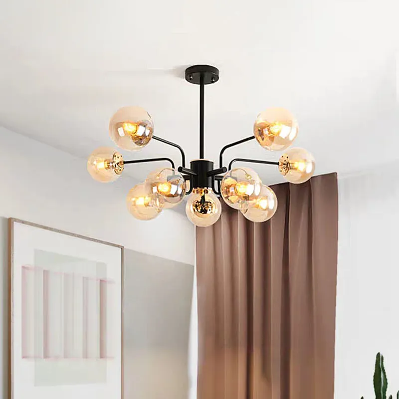 Contemporary Amber Glass Chandelier: Sphere Pendant Ceiling Light with 10 Bulbs, Black Finish