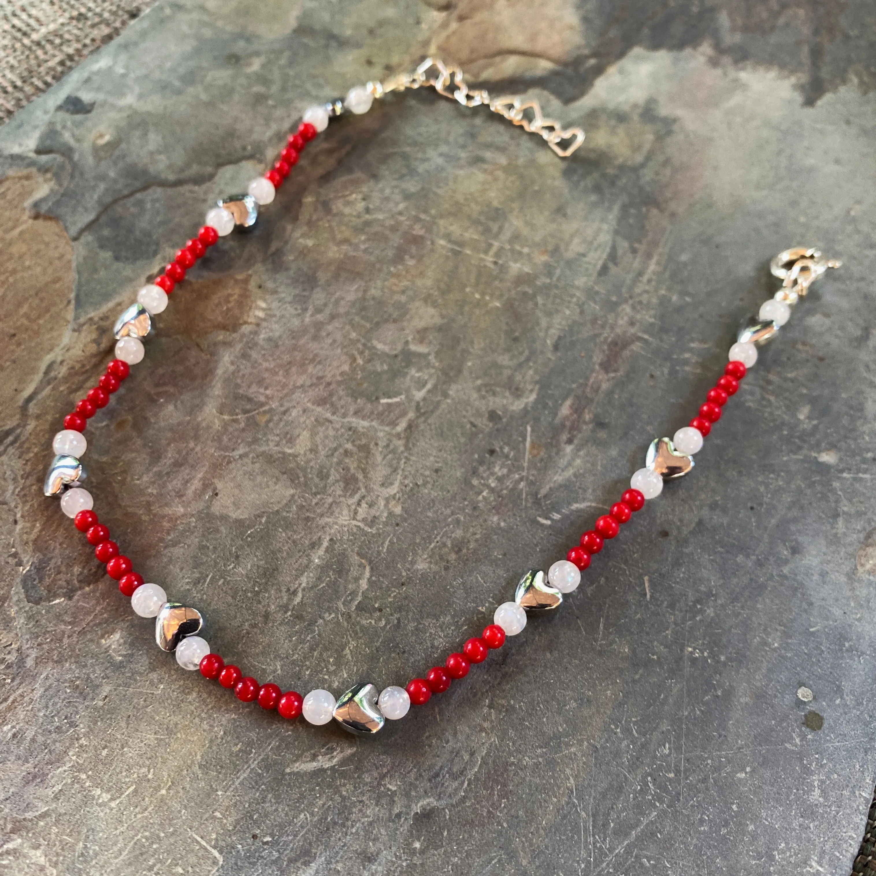 Coral, hematite heart and moonstone gemstone sterling silver anklet